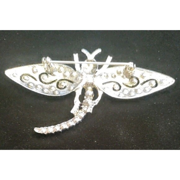 Silver Tone & Blue Rhinestone Dragonfly Brooch 3"X2" - Picture 2 of 4
